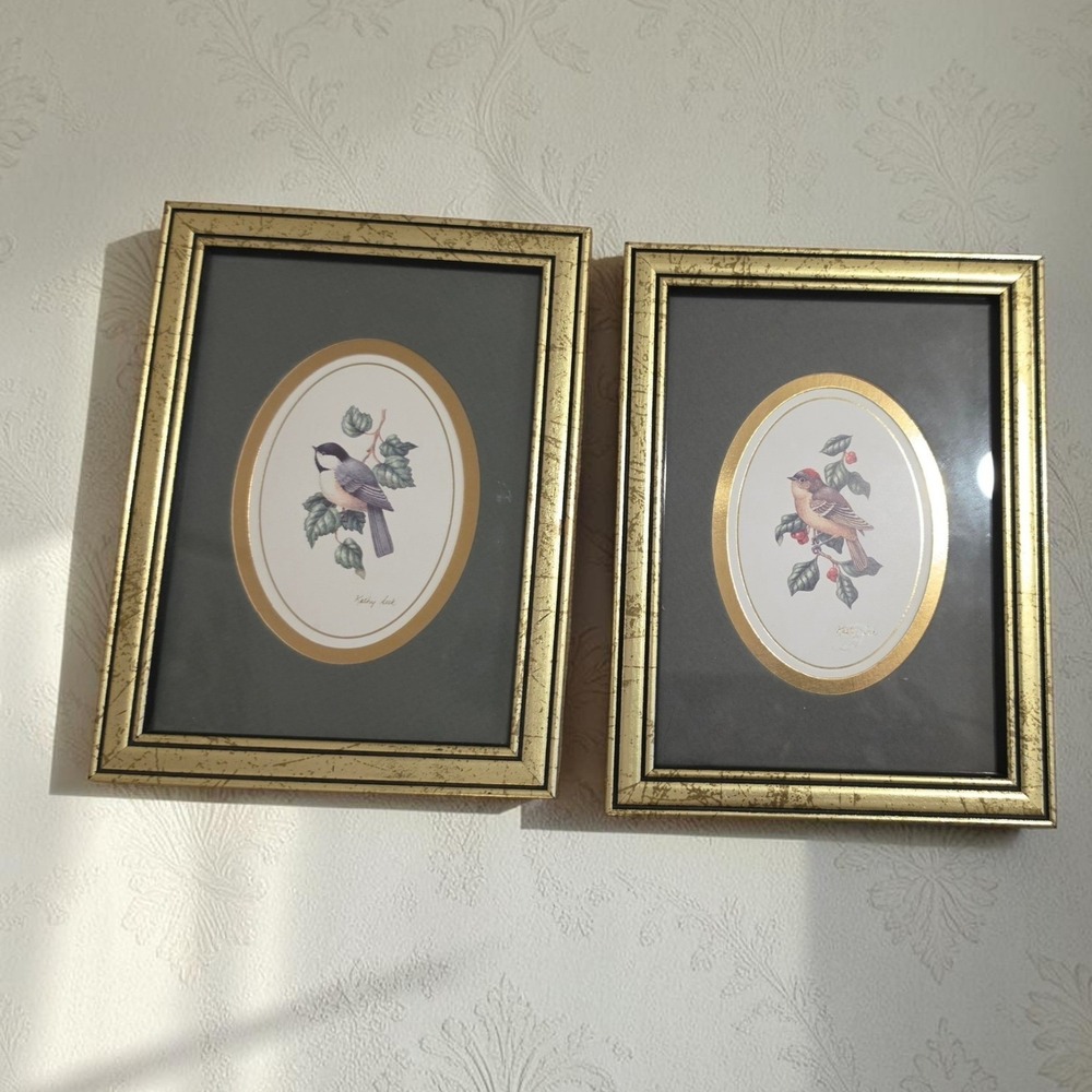 VTG 1994 Kirkland's Kathy Seek Feather Friend Bird Art Set Chickadee Gold Frame